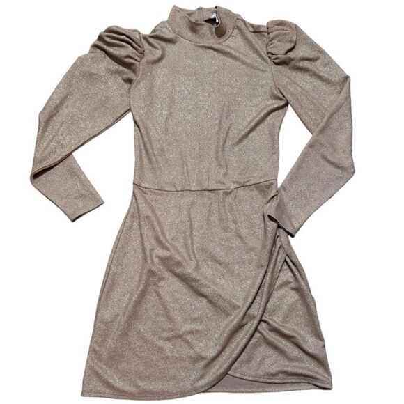 Reformation Lexi Mini Women's Small Long Puff Sleeve Mock Neck Ruched Tan Gold - Picture 1 of 8